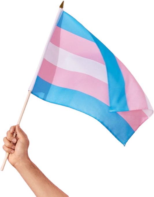 Hand holding a trans flag against a solid pink background