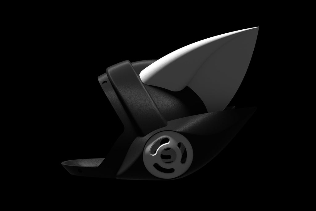 Side view of a 3D printed ZillionRoss protogen fursuit head made with PLA+ material. Featuring sleek black & white elements, with curved white ears & a distinctive black face shield. High-detail craftsmanship & a futuristic aesthetic protogen design.
