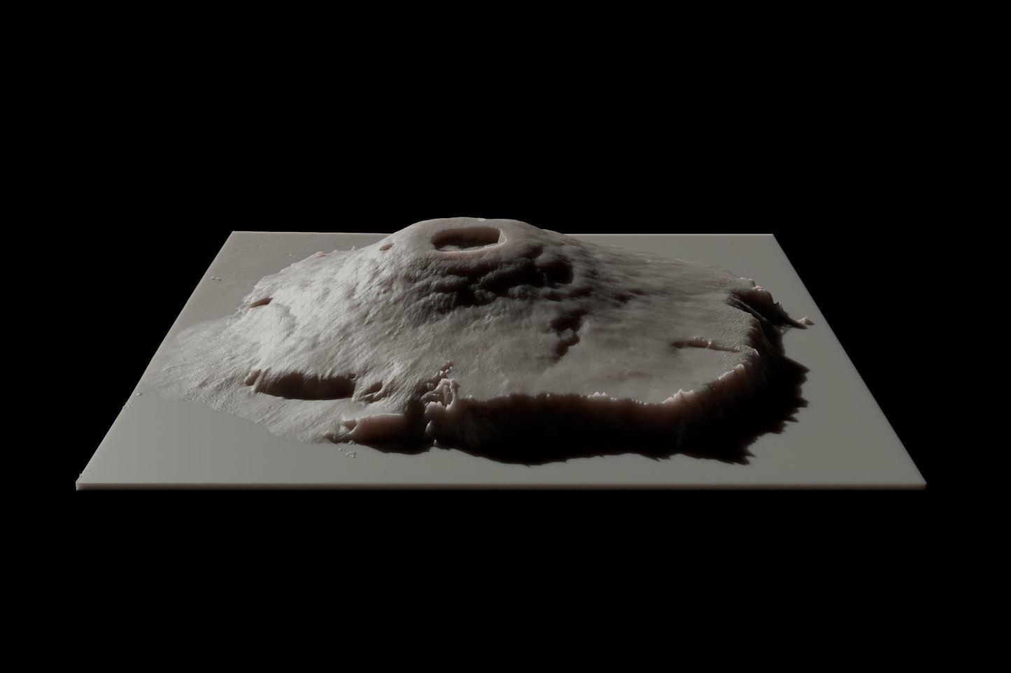 High elevation side image of a 3D printed resin model of the mountain Olympus Mons, located on Mars.