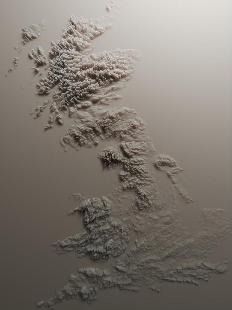 Top down view of a 3D topology model of the UK