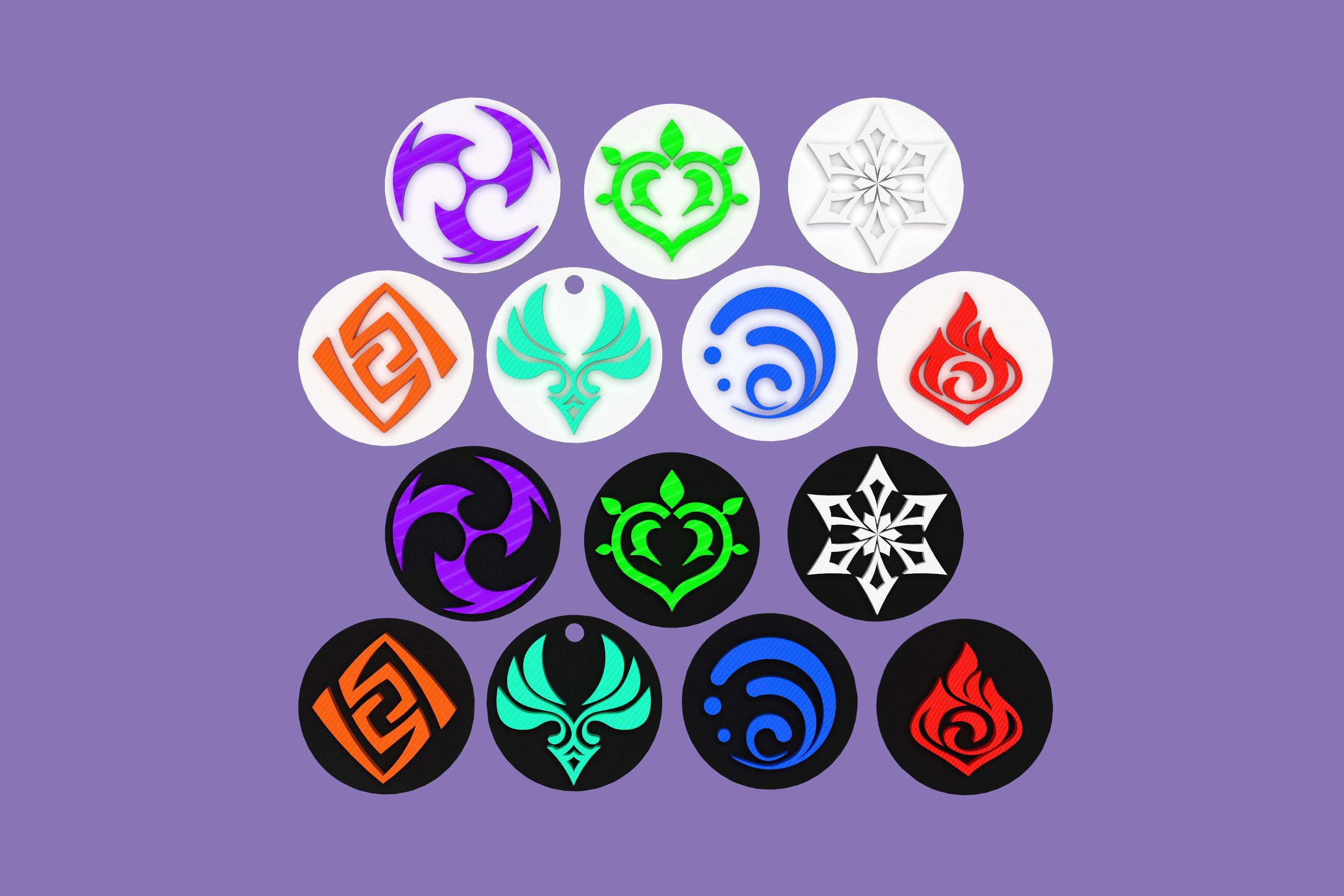Genshin Impact Element Keychains | 3D Printed PLA+ | Anemo Geo Electro Dendro Hydro Pyro Cryo